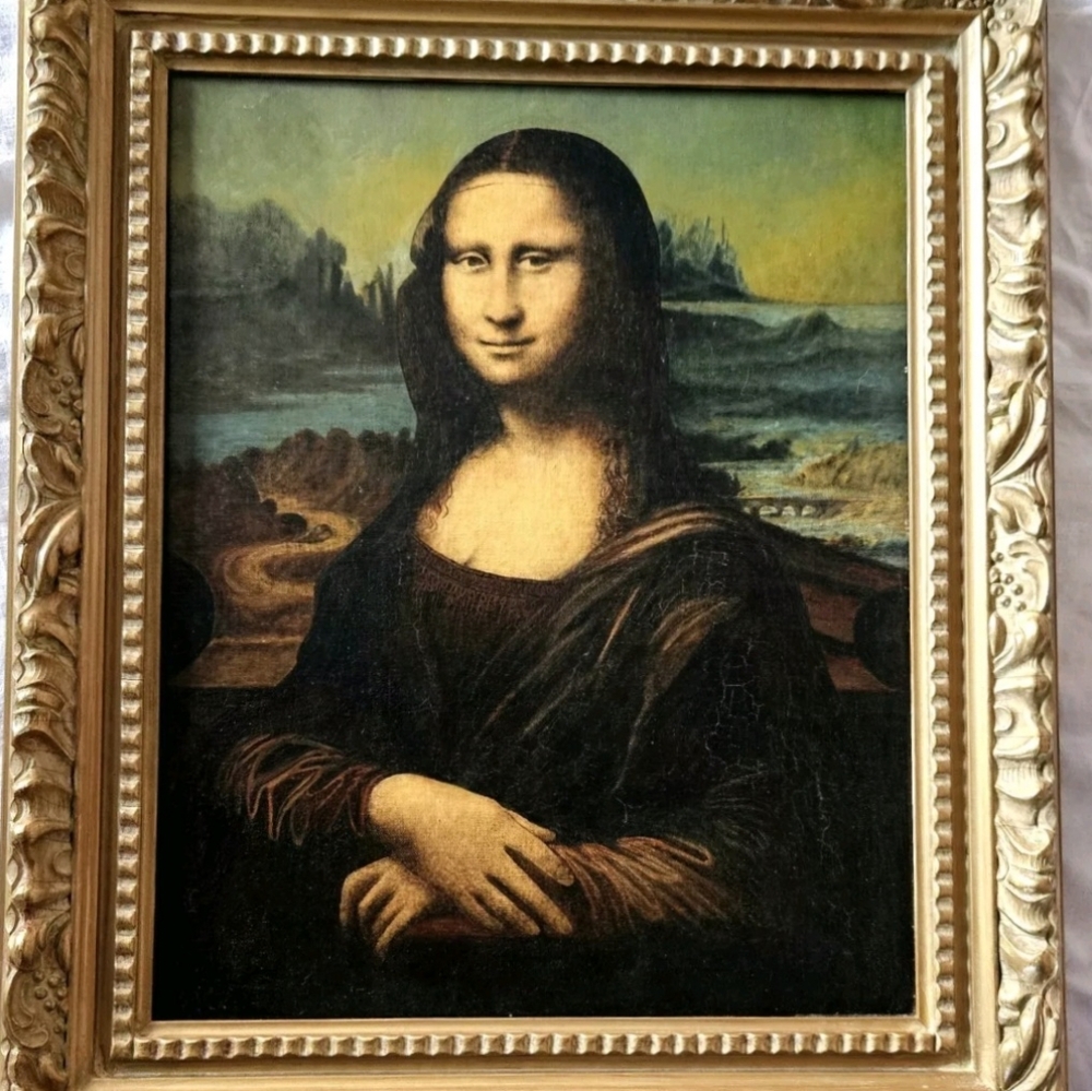 Mona Lisa oil painting by Dorsey Walker 1962, 25 x 21 in. Gold Frame from ITALY